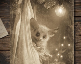 Vintage Victorian Bat Peeking Behind Curtain Christmas Card Gothic Holiday Art Antique Style Photography Blank Inside