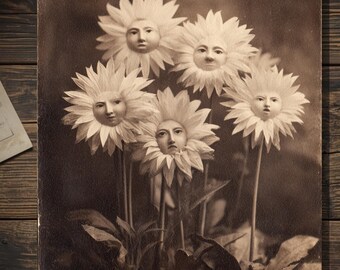Vintage Victorian Flower Faces Card Gothic Surreal Art Antique Style Photography Blank Inside
