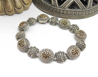 Vintage Silver Gold Mixed Metal Etruscan Style Link Magnetic Clasp Bracelet C12