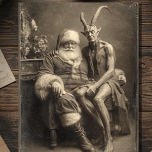 Vintage Victorian Santa and Devil Portrait Christmas Card Gothic Holiday Art Antique Style Photography Blank Inside