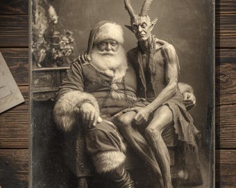 Vintage Victorian Santa and Devil Portrait Christmas Card Gothic Holiday Art Antique Style Photography Blank Inside