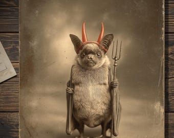 Vintage Victorian Bat Devil Halloween Card Gothic Antique Style Photography Blank Inside