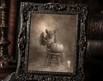 Victorian Bat Carving Pumpkin Halloween Print Gothic Antique Style Photography Wall Art