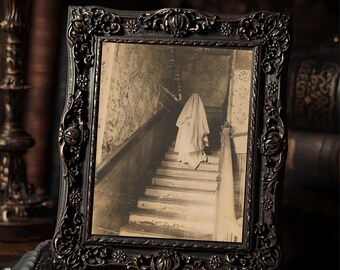 Sheet Ghost On Stairs Wall Art Print  Vintage Sepia Creepy Haunted House Gothic Spooky Decor