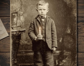 Vintage Victorian Boy with Single Birthday Candle Card Gothic Macabre Art Antique Style Photography Blank Inside