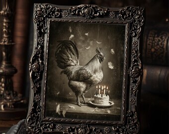 Victorian Gothic Rooster Birthday Wall Print Dark Antique Farm Humor With Cake