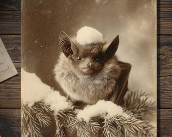 Vintage Victorian Snow Bat on Evergreen Branch Christmas Card Gothic Holiday Art Antique Style Photography Blank Inside