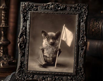 Victorian Bat With White Flag Art Print Antique Style Sepia Bat Portrait Gothic Print