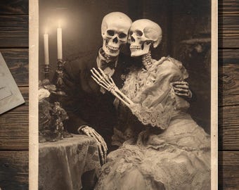 Vintage Victorian Skeleton Couple Wedding Love Anniversary Card Gothic Macabre Art Antique Style Photography Blank Inside