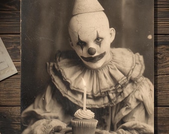 Vintage Victorian Creepy Clown Birthday Card Gothic Horror Macabre Antique Style Photography Blank Inside