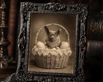 Macabre Vintage Victorian Bat Sitting in Easter Egg Basket Wall Print Gothic Antique Style Art