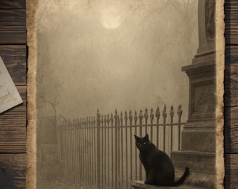 Vintage Victorian Black Cat In Cemetery Halloween Card Gothic Witchy Spooky Antique Style Photography Blank Inside