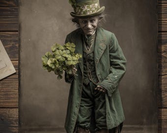 Vintage Victorian Leprechaun Gentleman Card Gothic St Patricks Day Irish Folklore Clover Greeting Card Blank Inside