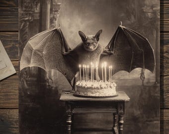 Vintage Victorian Bat with Birthday Cake Card Gothic Antique Style Photo Blank Inside