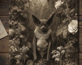 Victorian Bat In Rose Garden Greeting Card Antique Style Sepia Gothic Bat Card