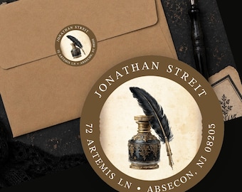 Personalized Vintage Victorian Quill Return Address Labels Custom Stickers