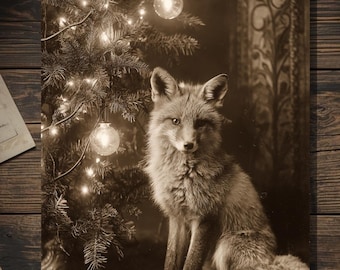 Vintage Victorian Fox by Christmas Tree Card Gothic Holiday Art Antique Style Photography Blank Inside