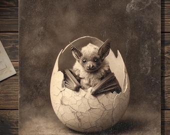 Vintage Victorian Baby Bat Egg Easter Card Gothic Art Antique Style Greeting Card Blank Inside
