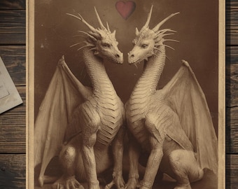 Vintage Dragons Valentine Card Gothic Fantasy Art Antique Style Photography Blank Inside