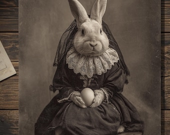 Vintage Gothic Easter Rabbit Greeting Card Victorian Style Dark Bunny Holding Egg Art Blank Inside