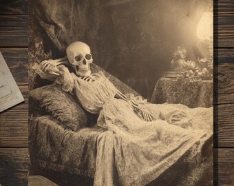 Victorian Woman Skeleton Reclining Thinking of You Card Gothic Antique Cabinet Card Macabre Sepia Blank Inside