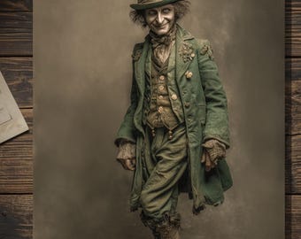 Vintage Victorian Creepy Gothic Leprechaun Gentleman St Patrick’s Day Card Irish Art Blank Inside