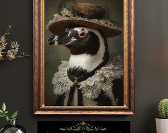 Victorian Lady Penguin Portrait Elegant Bird Art Vintage Anthropomorphic Fine Art Oil Style Unframed Print