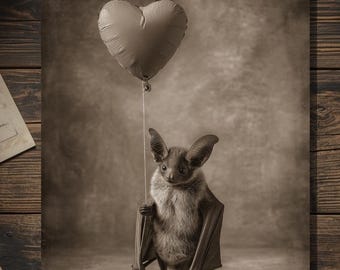 Vintage Victorian Bat Holding Heart Balloon Love Card Gothic Valentine Art Antique Style Photography Blank Inside