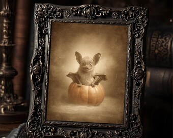 Vintage Victorian Pumpkin Bat Halloween Wall Print Gothic Antique Style Photography