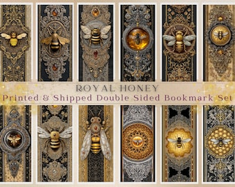 Royal Honey Bookmark Set Gilded Art Nouveau Bumble Bee Illuminated Design Amber Gold Gothic Filigree Insect Art Choose 4, 8, or 12 Printed