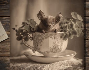 Bat In Teacup With Clover Victorian Style St Patrick's Day Irish Gothic Greeting Card 5x7