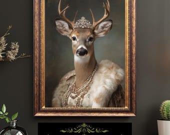 Victorian Lady Deer Portrait Elegant Doe Art Vintage Anthropomorphic Fine Art Oil Style Print