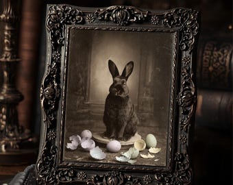 Vintage Gothic Black Easter Bunny Print Victorian Style Dark Spring Cracked Eggs  Wall Art