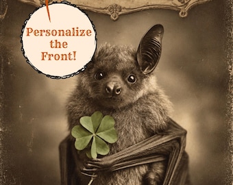 Personalized Vintage Victorian St Patricks Day Bat Card Custom Message Gothic Lucky Clover Irish Greeting
