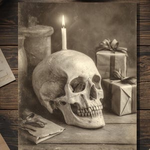 Vintage Victorian Skull with Birthday Candle & Gifts Card Gothic Macabre Art Antique Style Photography Blank Inside
