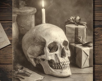 Vintage Victorian Skull with Birthday Candle & Gifts Card Gothic Macabre Art Antique Style Photography Blank Inside