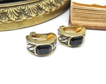 Vintage Silver Gold Mixed Metal Black Rhinestone Half Hoop Clip On Earrings K78