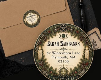 Personalized Pagan Yule Return Address Labels Vintage Winter Solstice Custom Round Stickers
