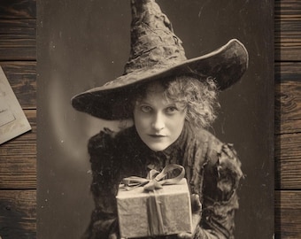 Victorian Witch Offering Gift Holiday Birthday Card Gothic Antique Cabinet Card Style Sepia Photography Blank Inside