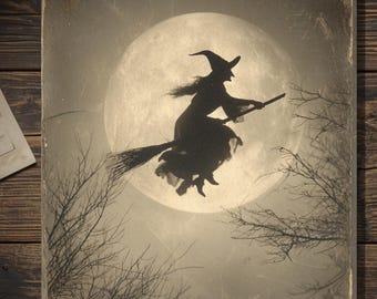 Vintage Victorian Witch Flying On Broom Halloween Card Gothic Full Moon Antique Style Photo Blank Inside