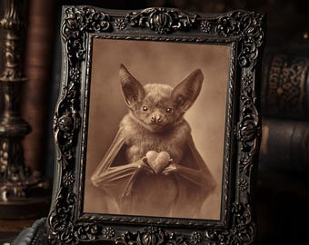Cute Bat Holding Heart Gothic Dark Valentine Antique Style Art Print  Macabre Romantic Wall Decor