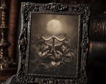Vintage Victorian Luna Moth Moon Print Gothic Nature Wall Art Antique Style Photography Dark Botanical Celestial Decor