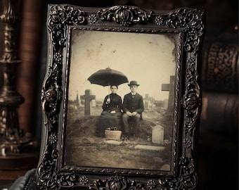 Victorian Mourning Couple Cemetery Art Print  Gothic Antique Style Macabre Graveyard Portrait Dark Wall Decor