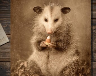 Vintage Opossum Candy Corn Halloween Card Creepy Cute Gothic Greeting Card