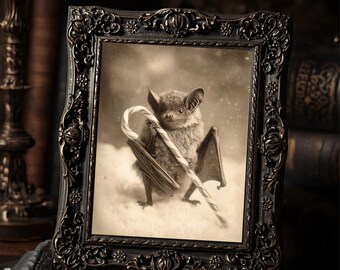 Cute Bat With Candy Cane Gothic Dark Christmas Antique Style Art Print  Macabre Winter Holiday Wall Decor