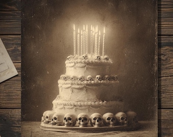 Vintage Victorian Skull Birthday Cake with Candles Card Gothic Macabre Art Antique Style Photography Blank Inside