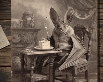 Vintage Victorian Bat Eating Cake Birthday Card Gothic Antique Style Photo Blank Inside