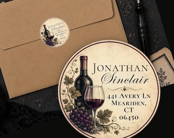 Personalized Vintage Wine Return Address Labels Vineyard Grapes Winery Custom Round Stickers