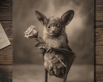 Vintage Victorian Bat Holding Rose Love Card Gothic Valentine Art Antique Style Photography Blank Inside