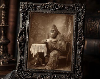 Vintage Victorian Bigfoot Drinking Tea Gothic Cryptid Wall Art Print Creepy Cabinet Card Style Sepia Oddities Home Decor  Print